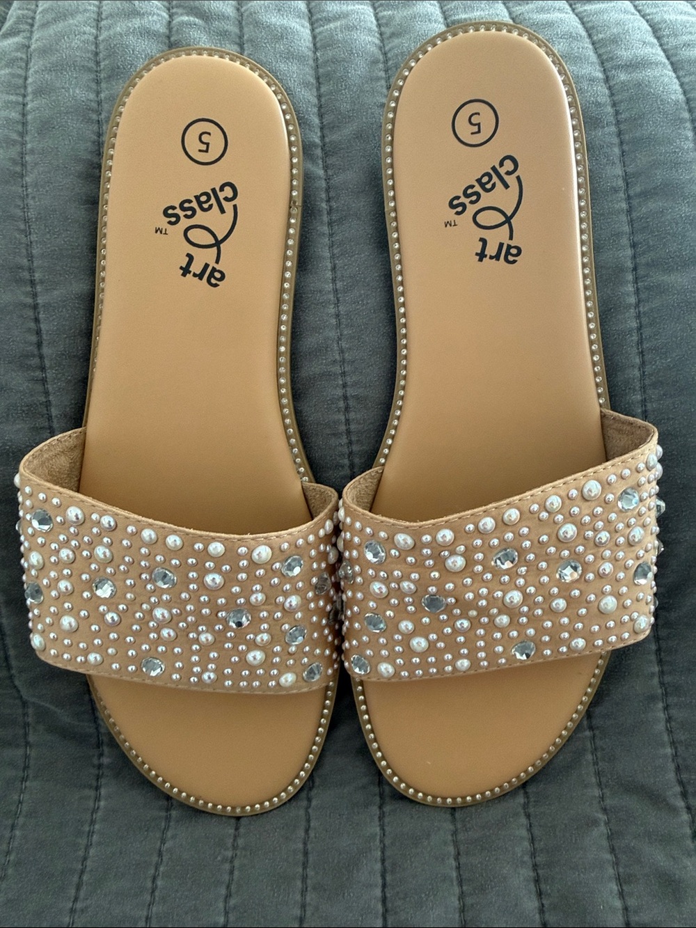 Girls tan leather slides with jewel accents